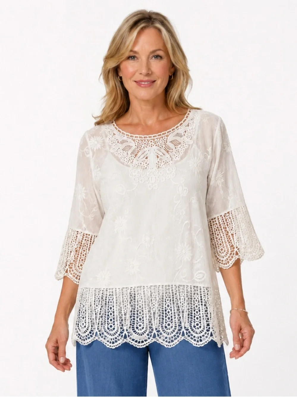 Chico’s white sheer crochet boxy top size 2 large US 12 coastal Lagenlook beach